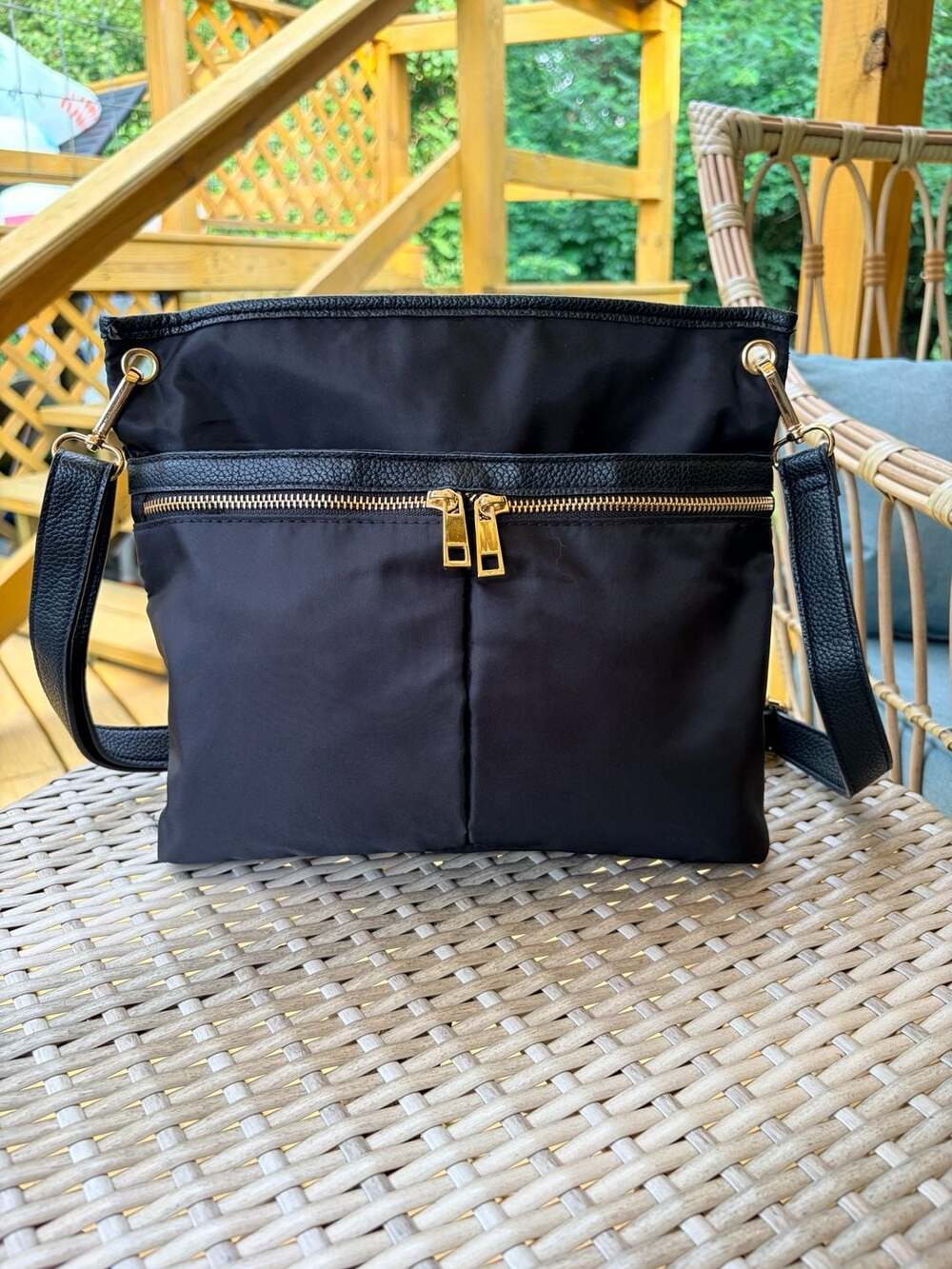 A New Day Black Nylon Double Zip Crossbody Bag with Faux Leather Trim